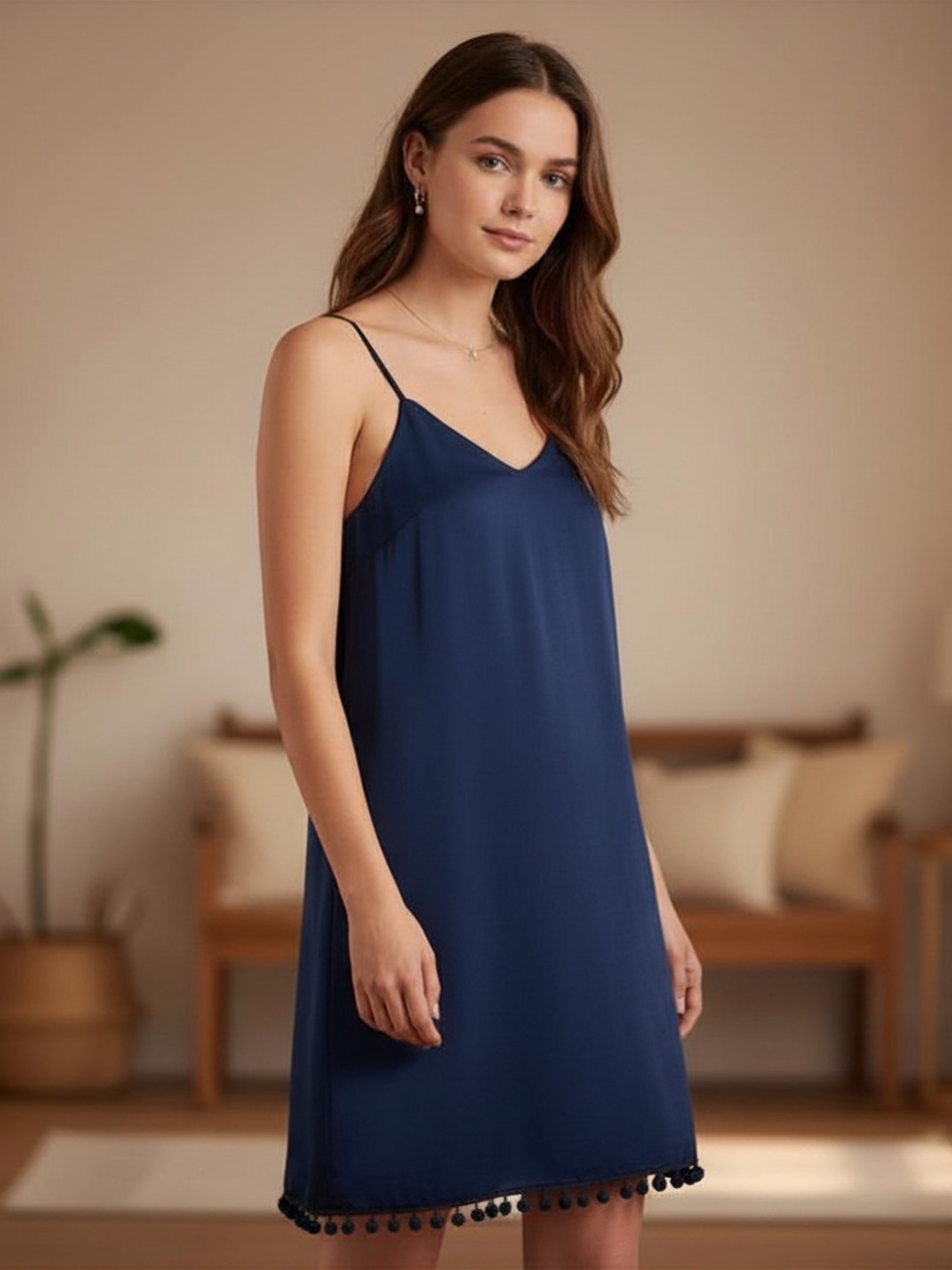 A+G Navy Blue Pom Pom Strap V-Neck Sleeveless Slip Dress Adjustable Size 6